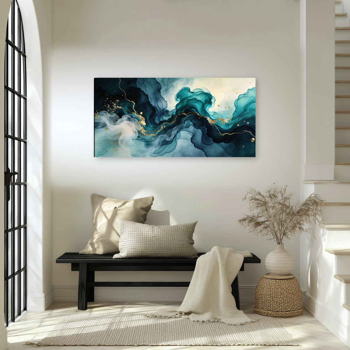 Teal and gold abstract painting canvas wall art in an entryway above a bench
