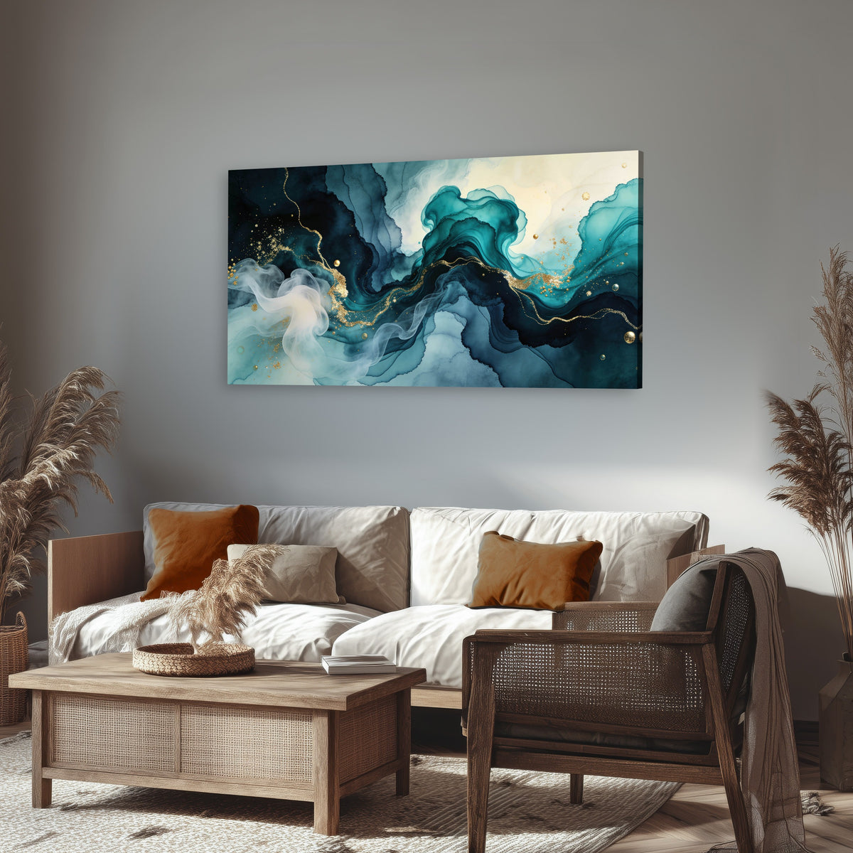 Teal and gold abstract painting canvas wall art in a rustic living room