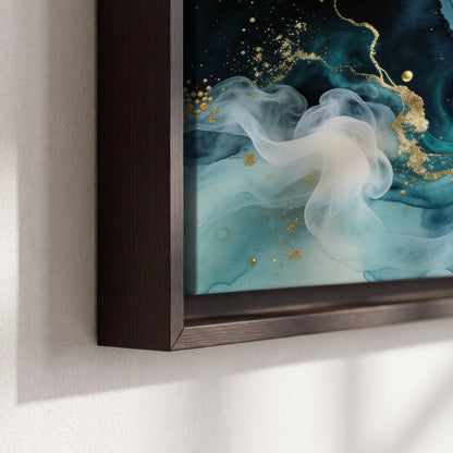 Teal and gold abstract painting framed canvas close-up showing the floating frame