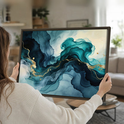 Teal and gold abstract painting framed canvas held in hands