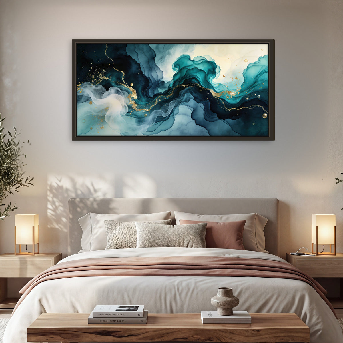 Teal and gold abstract painting framed canvas wall art in a bedroom above the bed