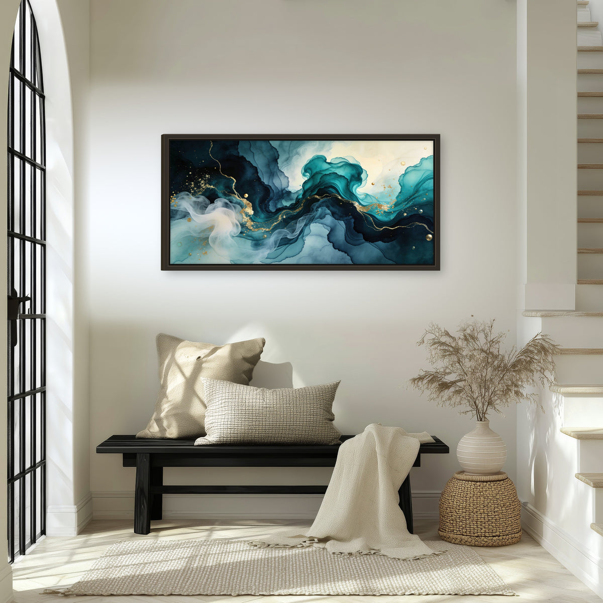 Teal and gold abstract painting framed canvas wall art in an entryway above a bench