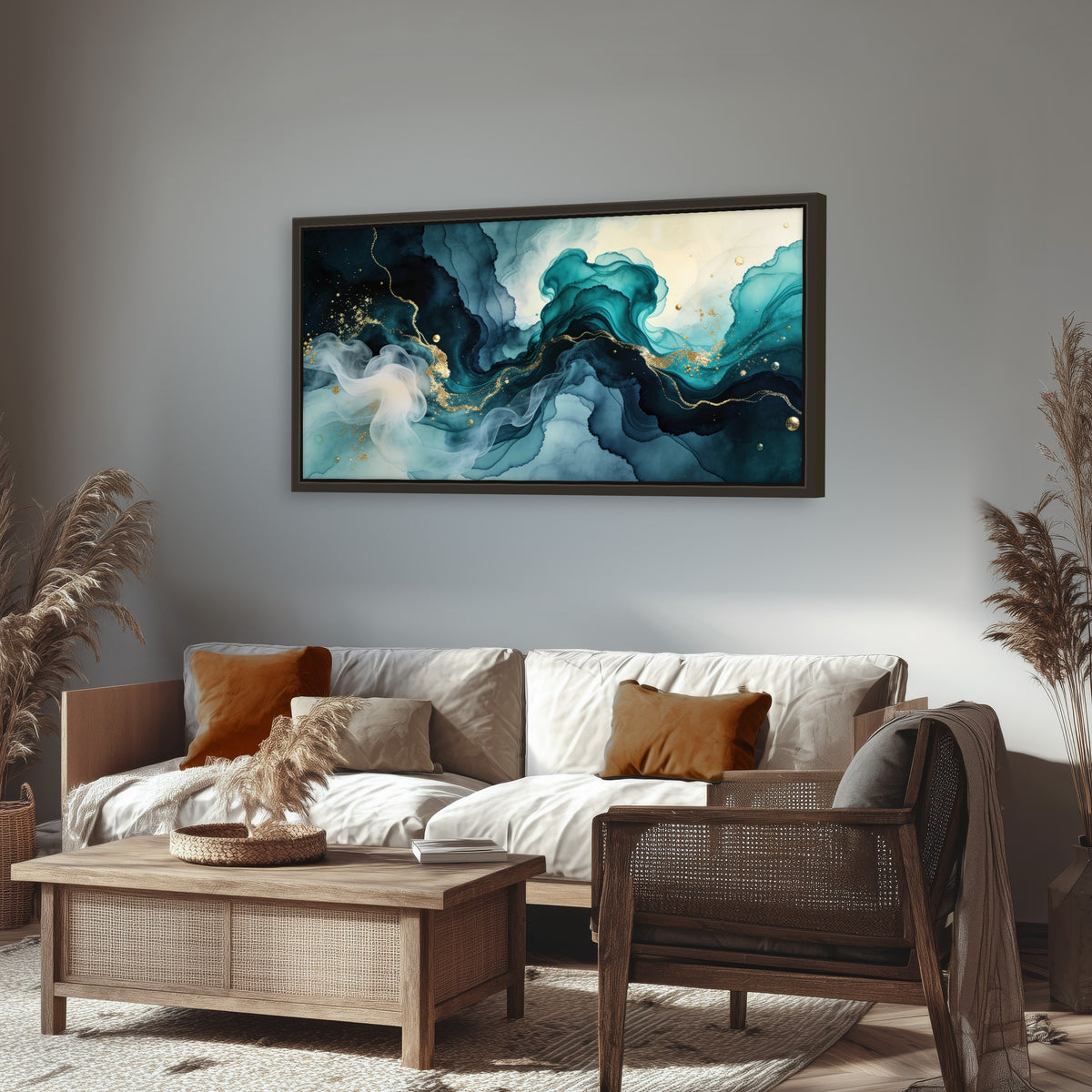 Teal and gold abstract painting framed canvas wall art in a rustic living room