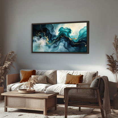 Teal and gold abstract painting framed canvas wall art in a rustic living room