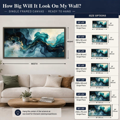 Teal and gold abstract painting framed canvas wall art size guide above a sofa