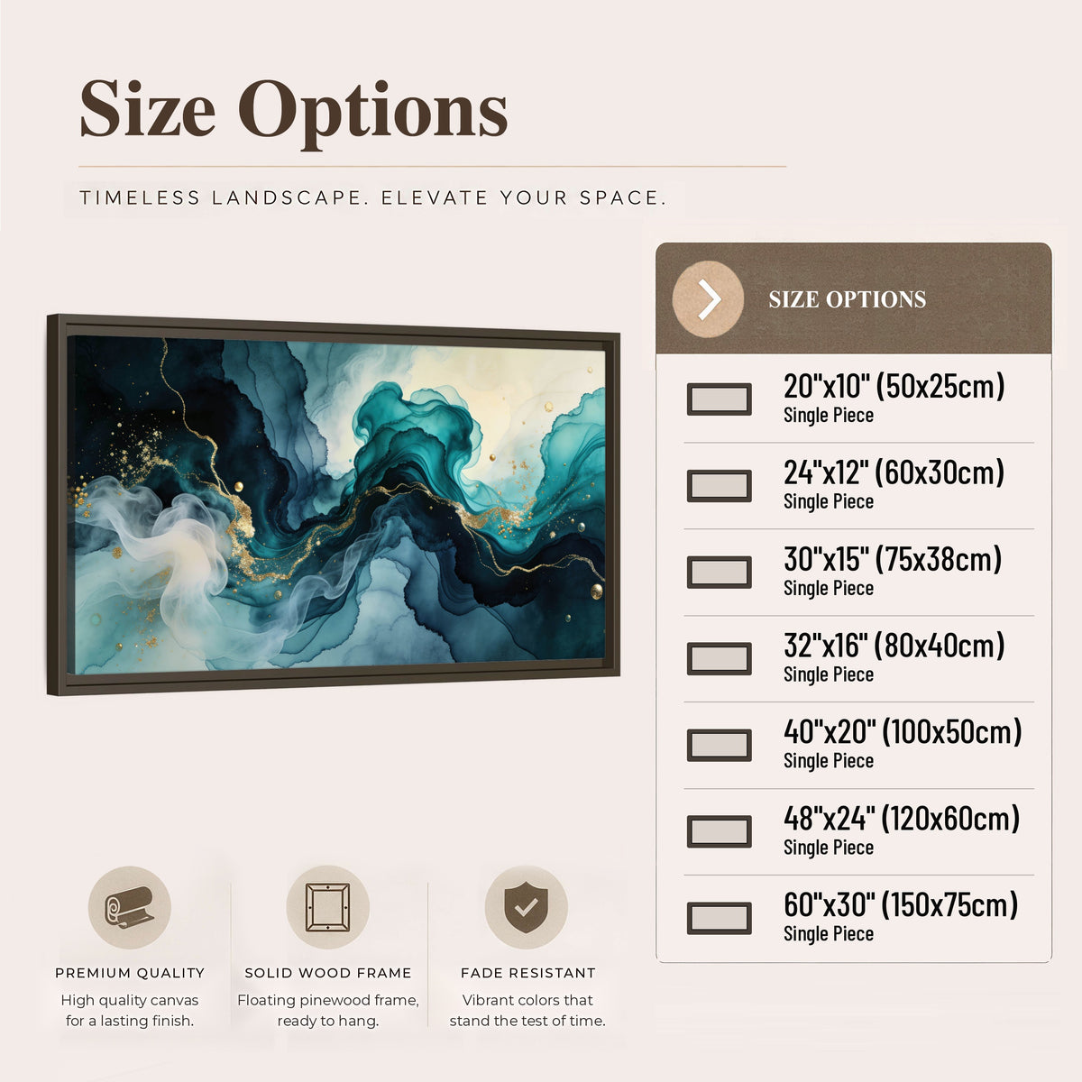 Teal and gold abstract painting framed canvas wall art size options