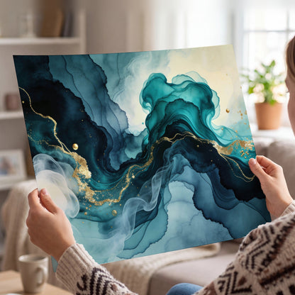Teal and gold abstract painting poster print held in hands