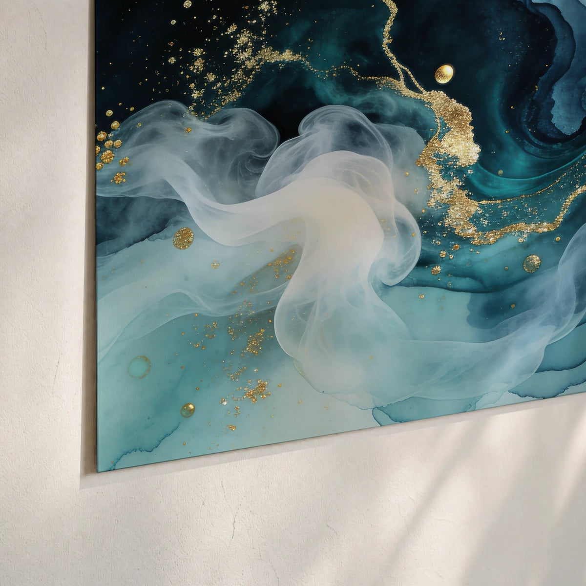 Teal and gold abstract painting poster print close-up on matte paper