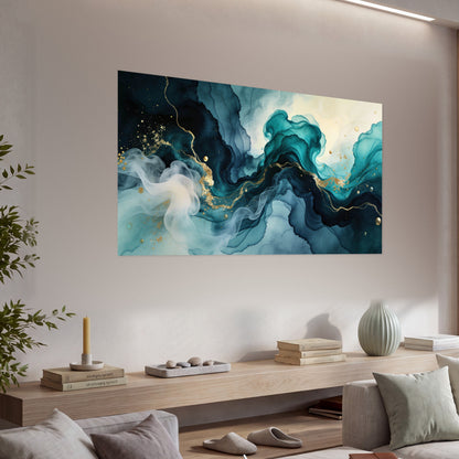 Teal and gold abstract painting poster print in a living room above a console
