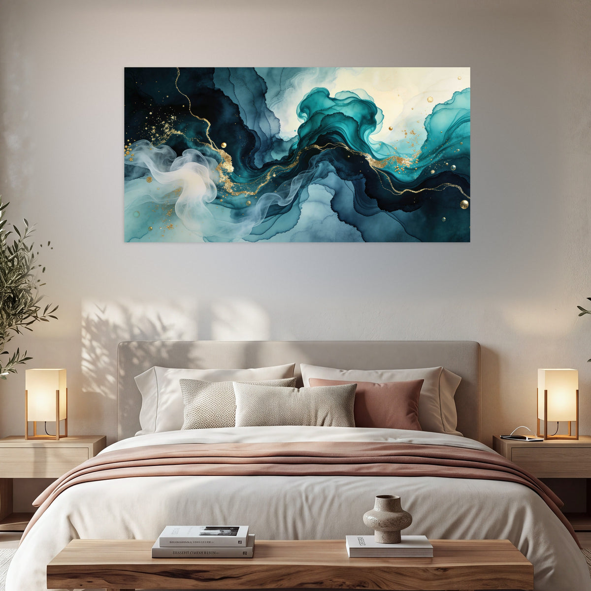 Teal and gold abstract painting poster print in a bedroom above the bed