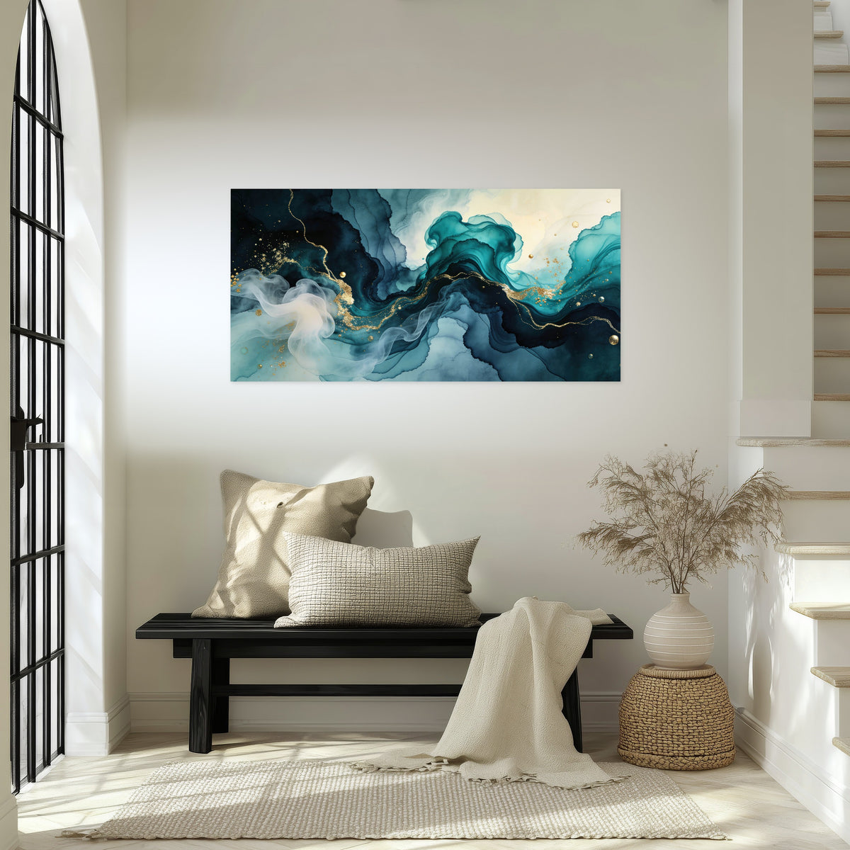 Teal and gold abstract painting poster print in an entryway above a bench