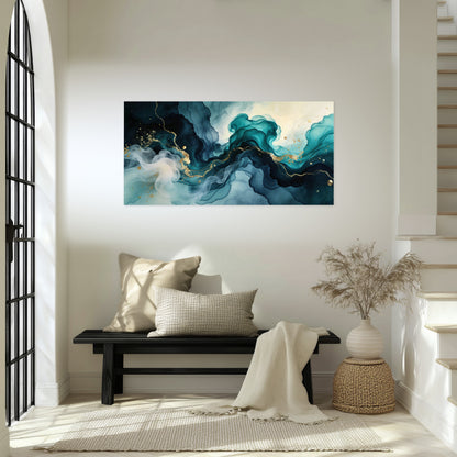 Teal and gold abstract painting poster print in an entryway above a bench