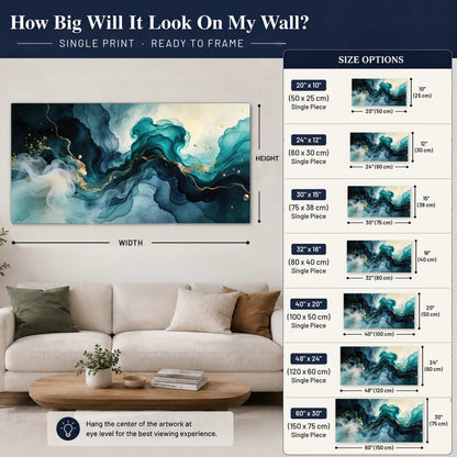 Teal and gold abstract painting poster print size guide above a sofa