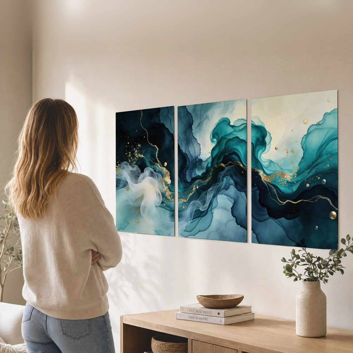 Teal and gold abstract painting set of 3 poster prints in a living room
