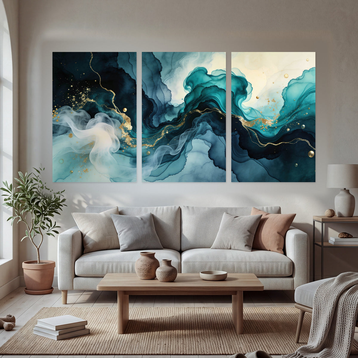 Teal and gold abstract painting set of 3 poster prints in a bright living room