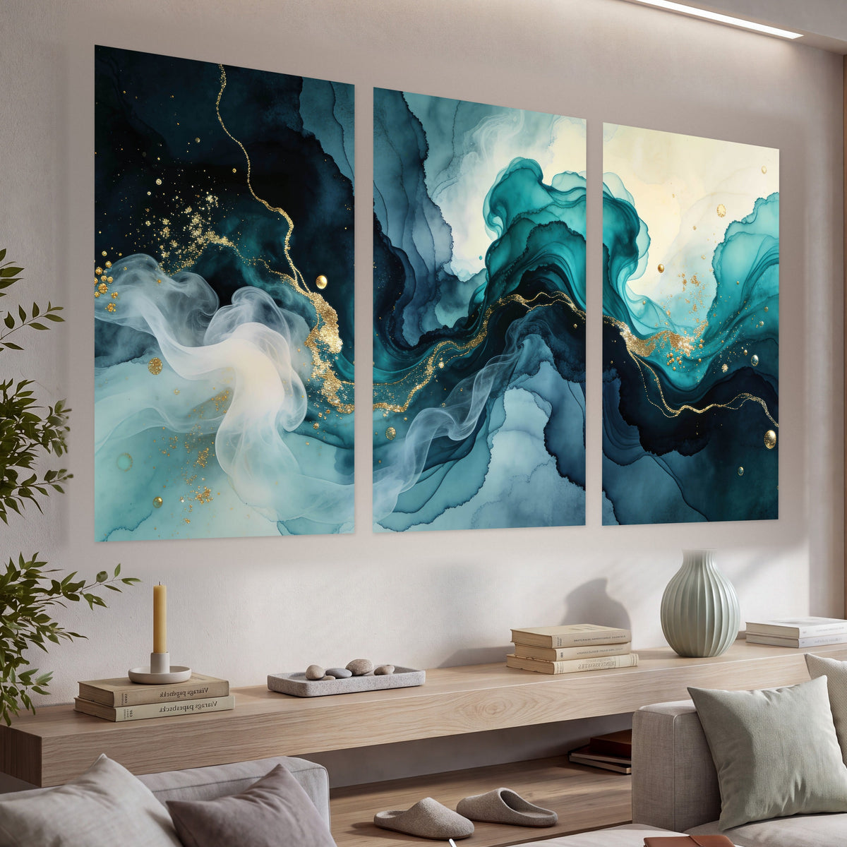 Teal and gold abstract painting set of 3 poster prints in a living room above a console