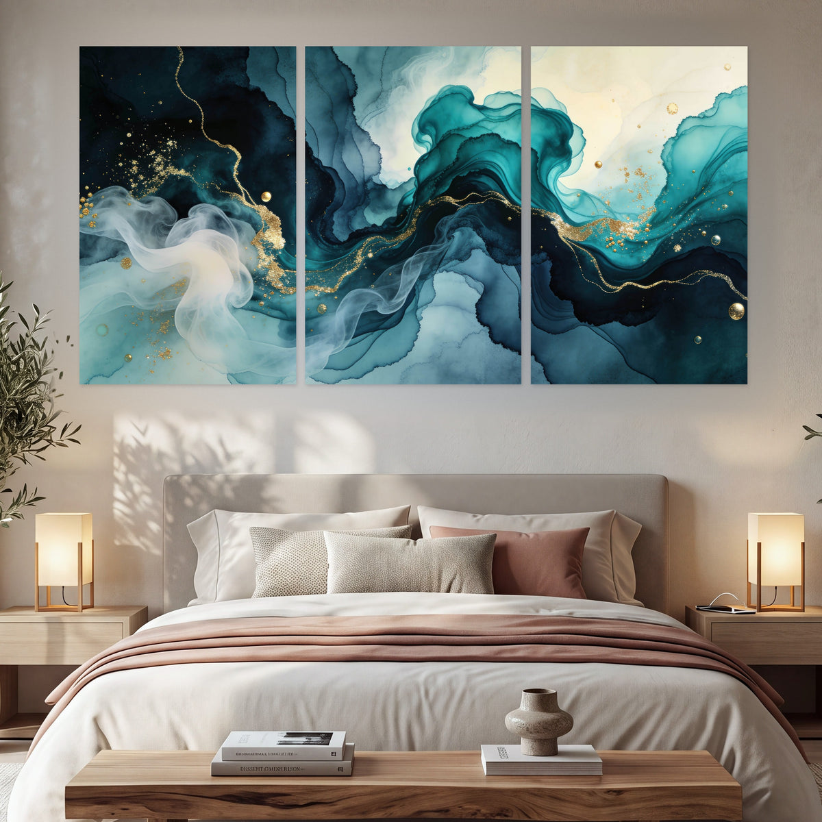 Teal and gold abstract painting set of 3 poster prints in a bedroom above the bed