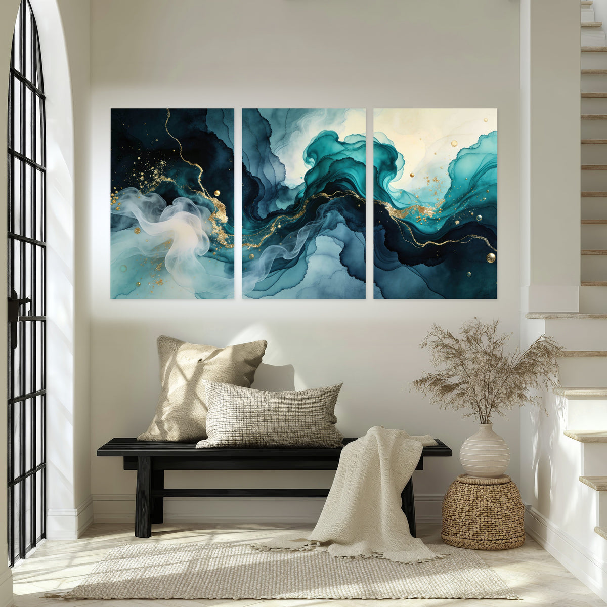 Teal and gold abstract painting set of 3 poster prints in an entryway above a bench