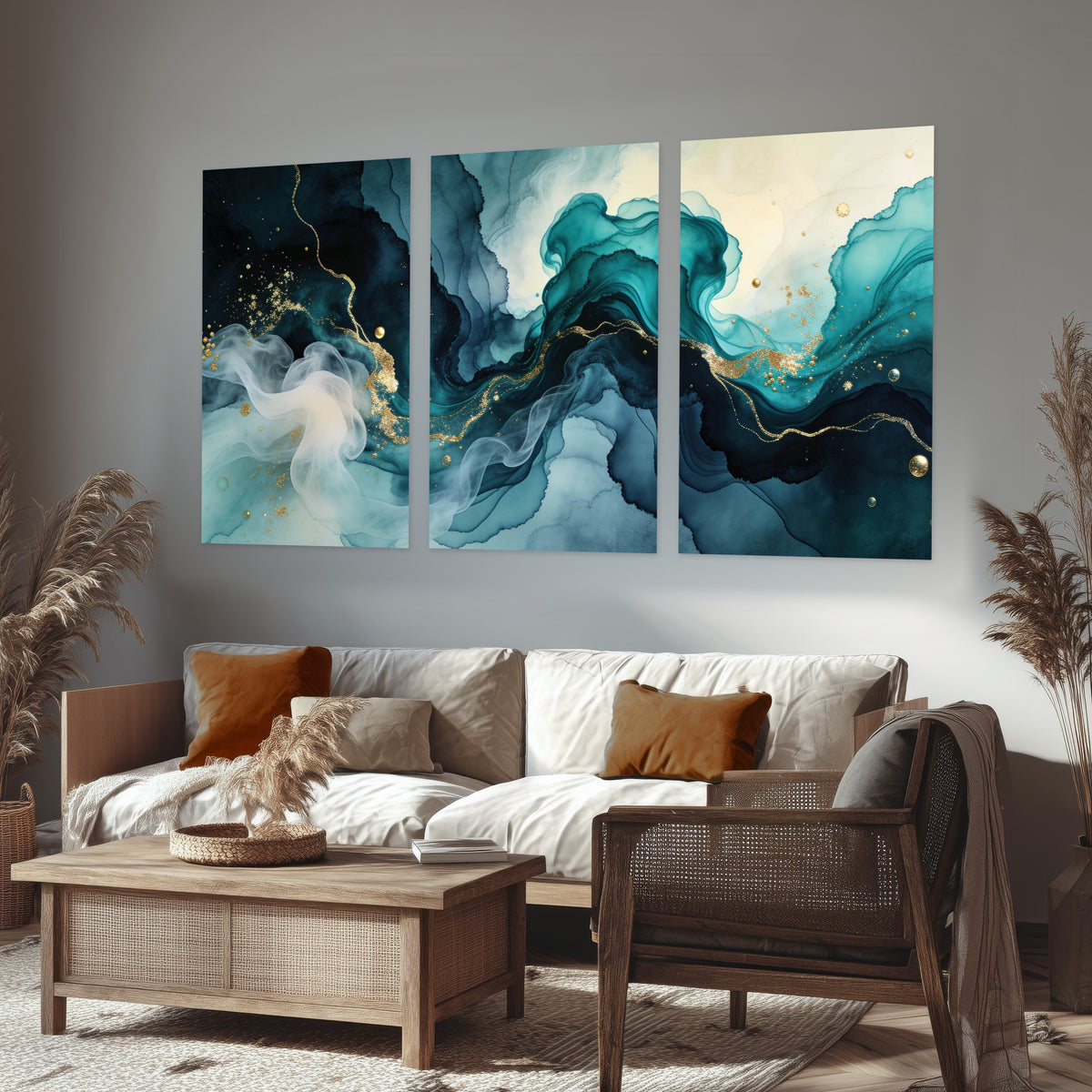 Teal and gold abstract painting set of 3 poster prints in a rustic living room