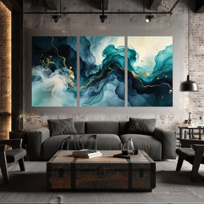Teal and gold abstract painting set of 3 poster prints in an industrial loft
