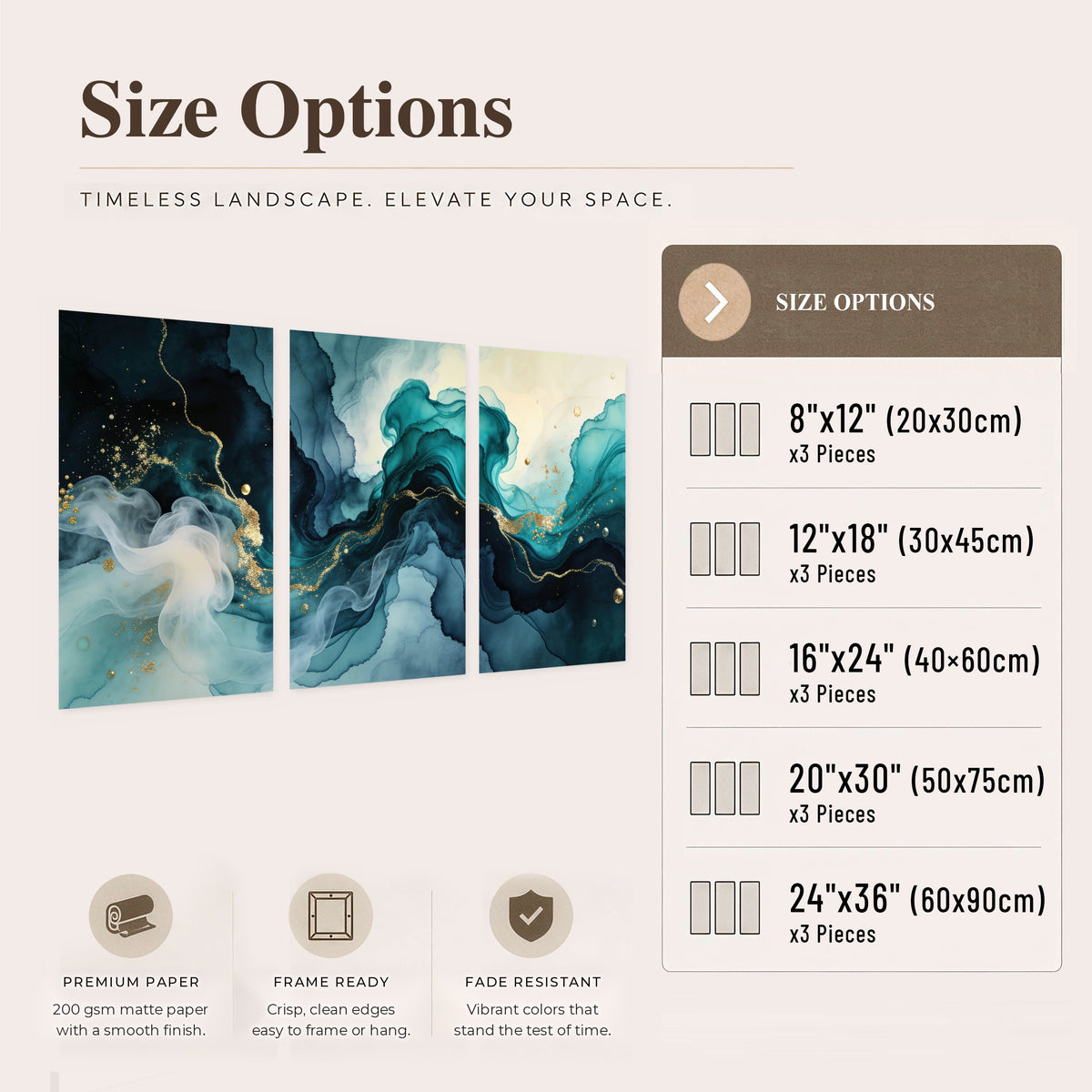 Teal and gold abstract painting set of 3 poster prints size options