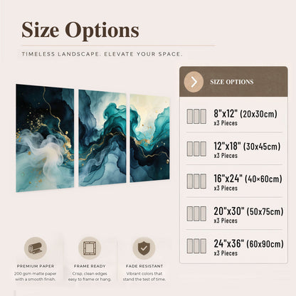 Teal and gold abstract painting set of 3 poster prints size options