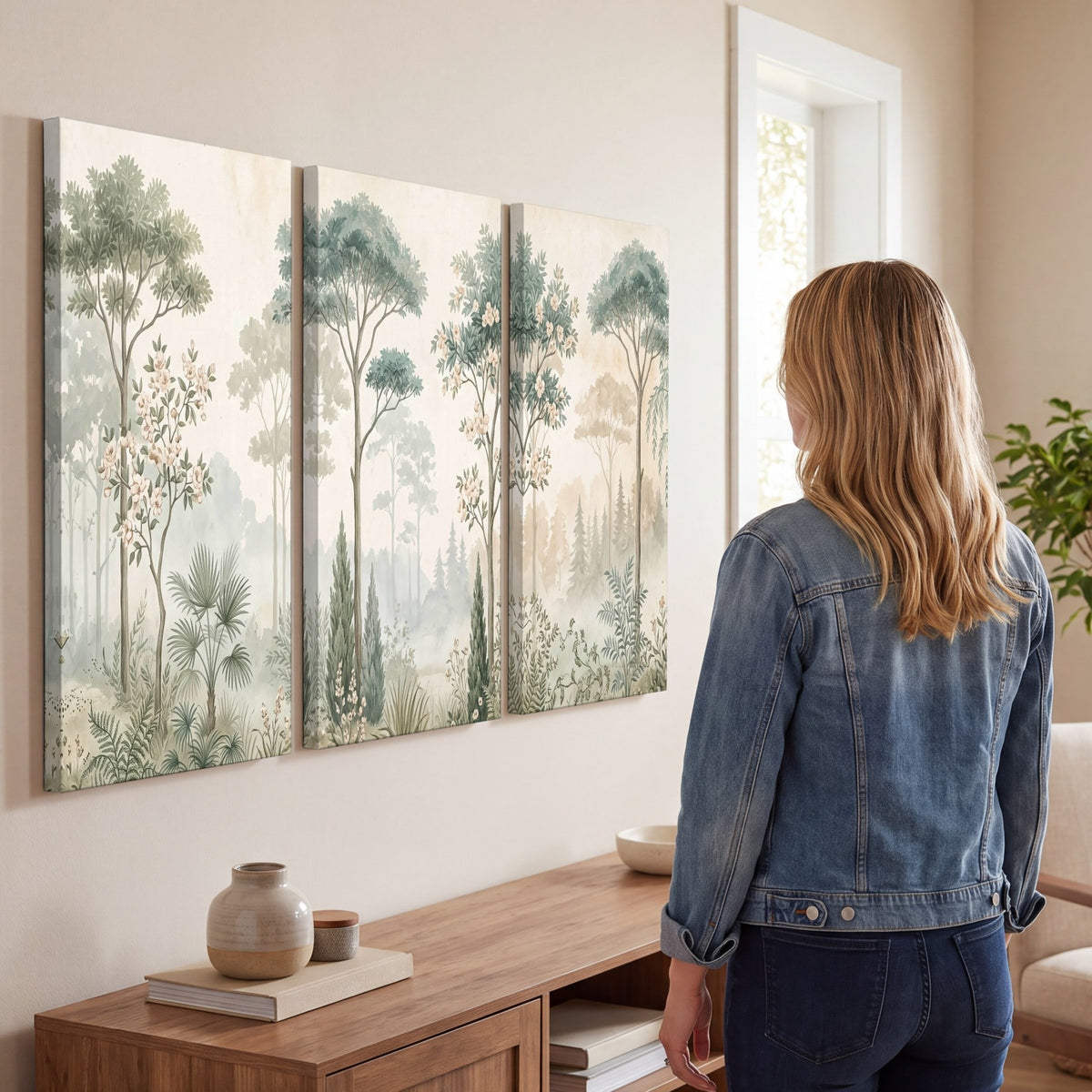 Vintage chinoiserie forest painting 3 piece canvas wall art in a living room