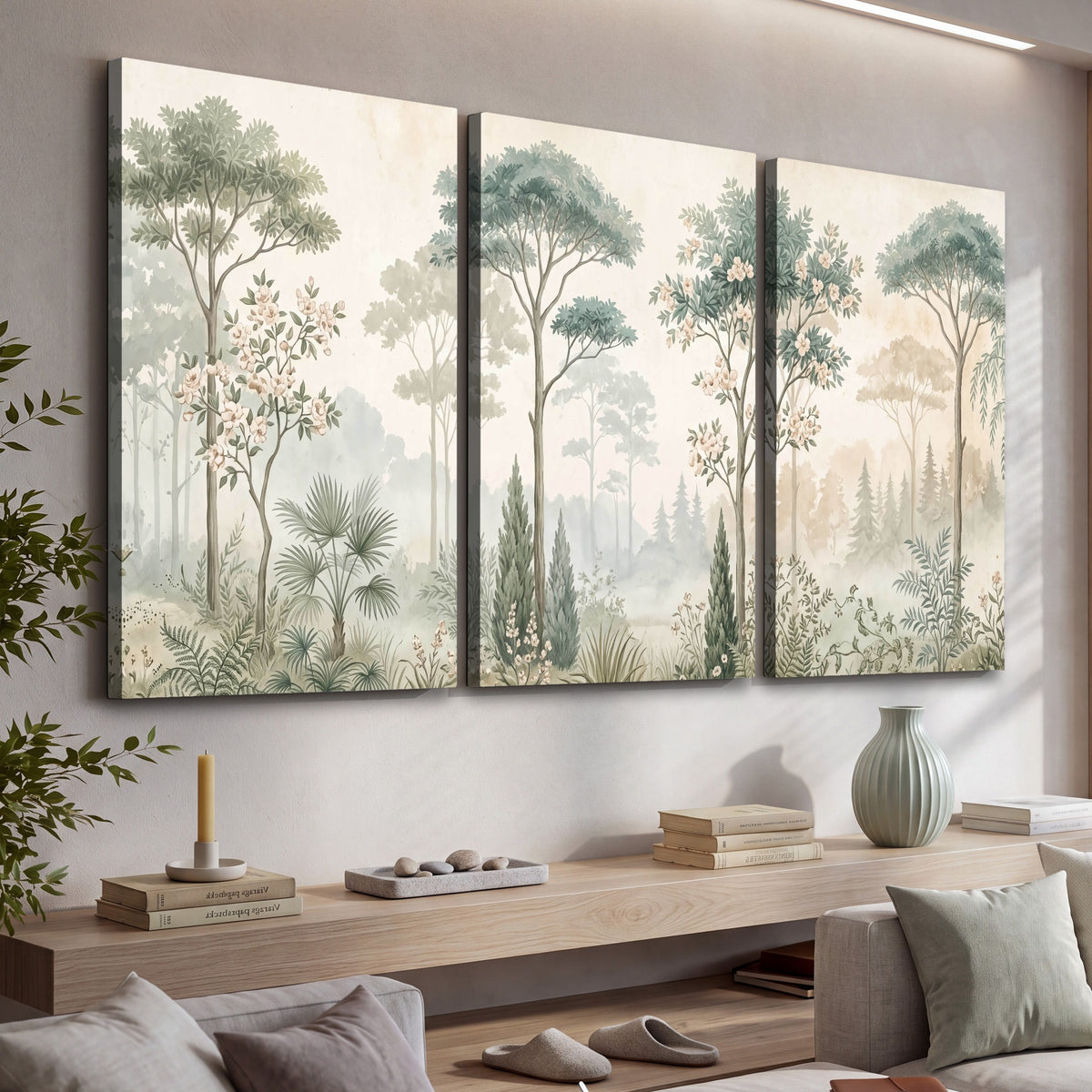 Vintage chinoiserie forest painting 3 piece canvas wall art in a living room above a console