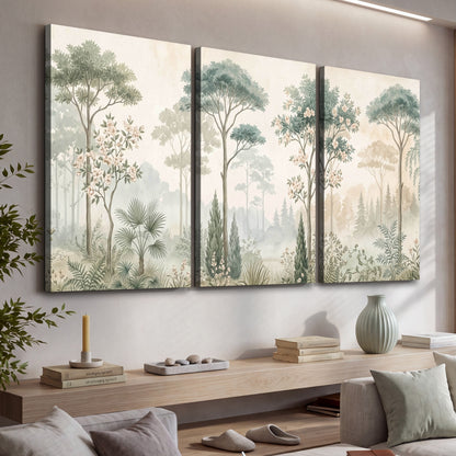 Vintage chinoiserie forest painting 3 piece canvas wall art in a living room above a console