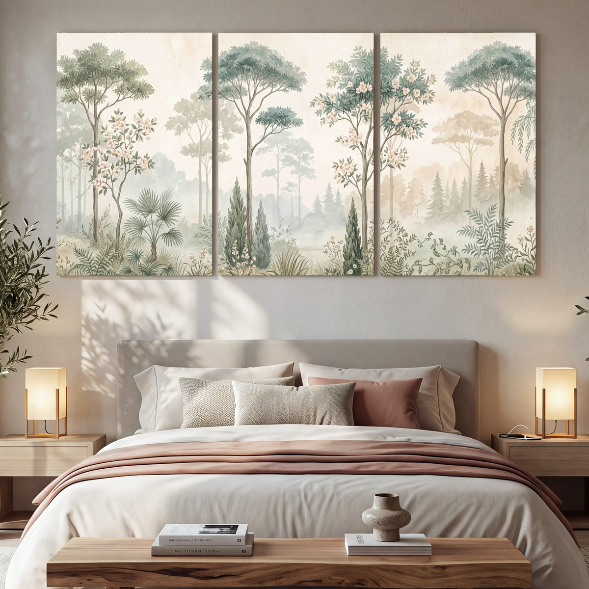 Vintage chinoiserie forest painting 3 piece canvas wall art in a bedroom above the bed