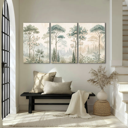 Vintage chinoiserie forest painting 3 piece canvas wall art in an entryway above a bench