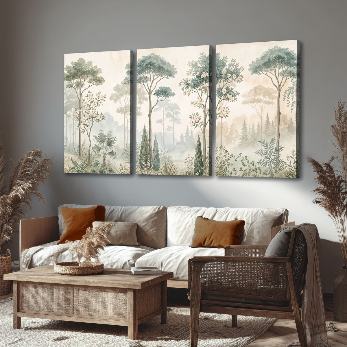 Vintage chinoiserie forest painting 3 piece canvas wall art in a rustic living room