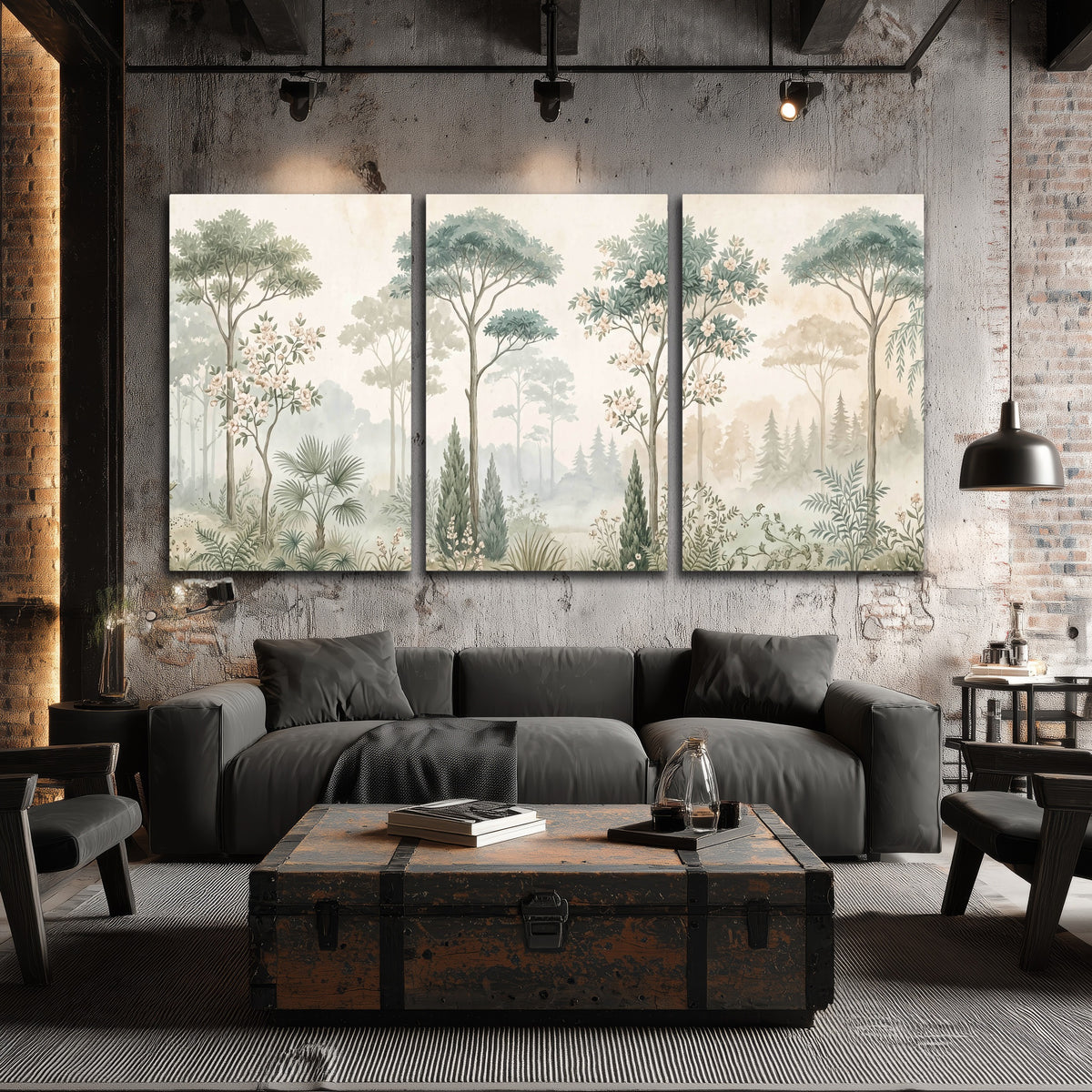 Vintage chinoiserie forest painting 3 piece canvas wall art in an industrial loft
