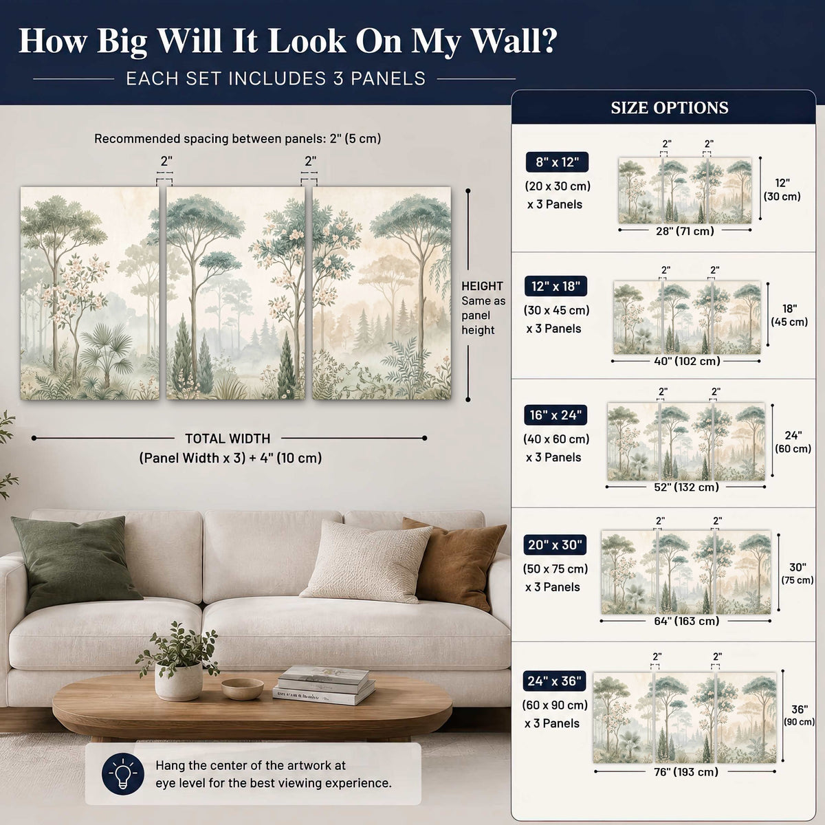 Vintage chinoiserie forest painting 3 piece canvas wall art size guide above a sofa