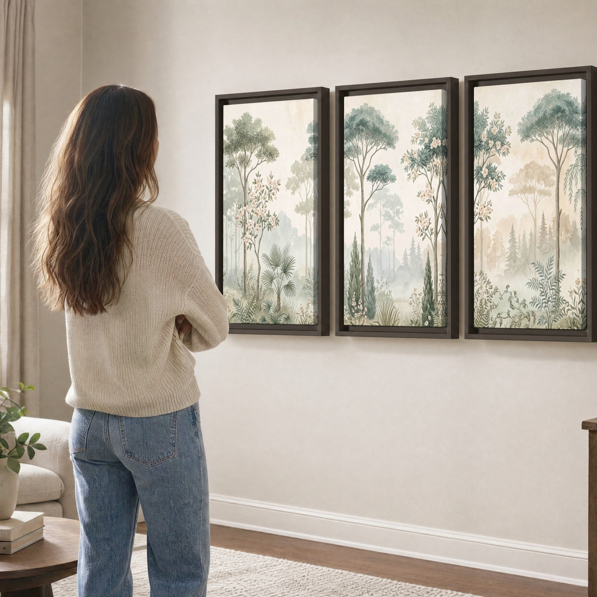 Vintage chinoiserie forest painting 3 piece framed canvas in a living room