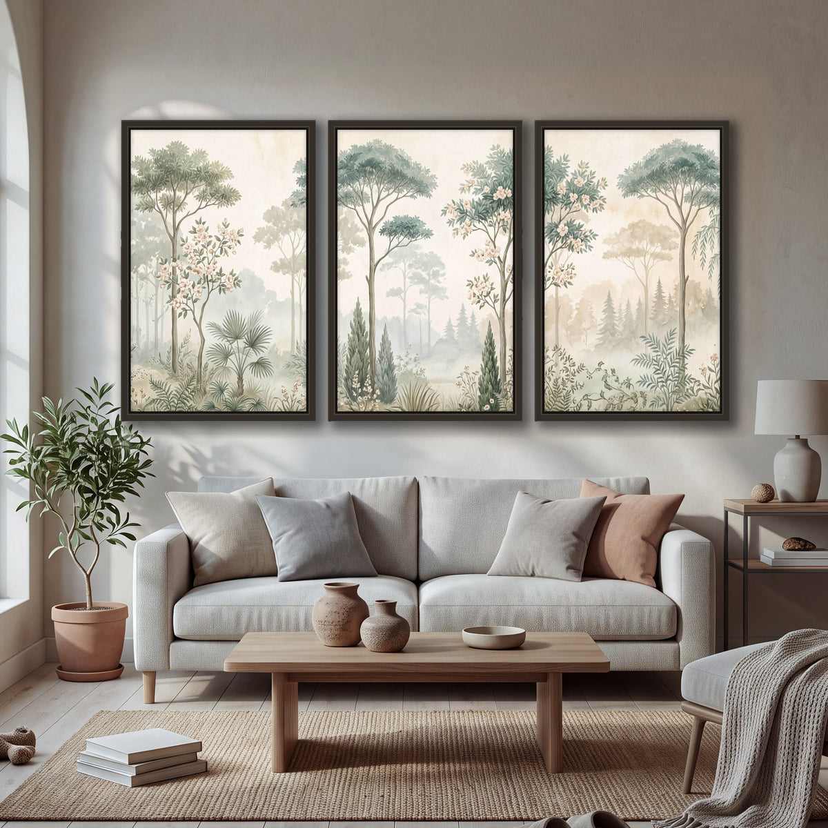 Vintage chinoiserie forest painting 3 piece framed canvas in a bright living room
