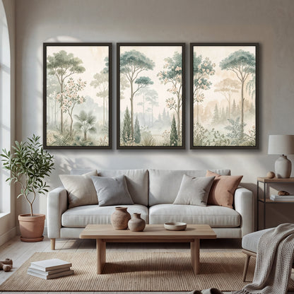 Vintage chinoiserie forest painting 3 piece framed canvas in a bright living room