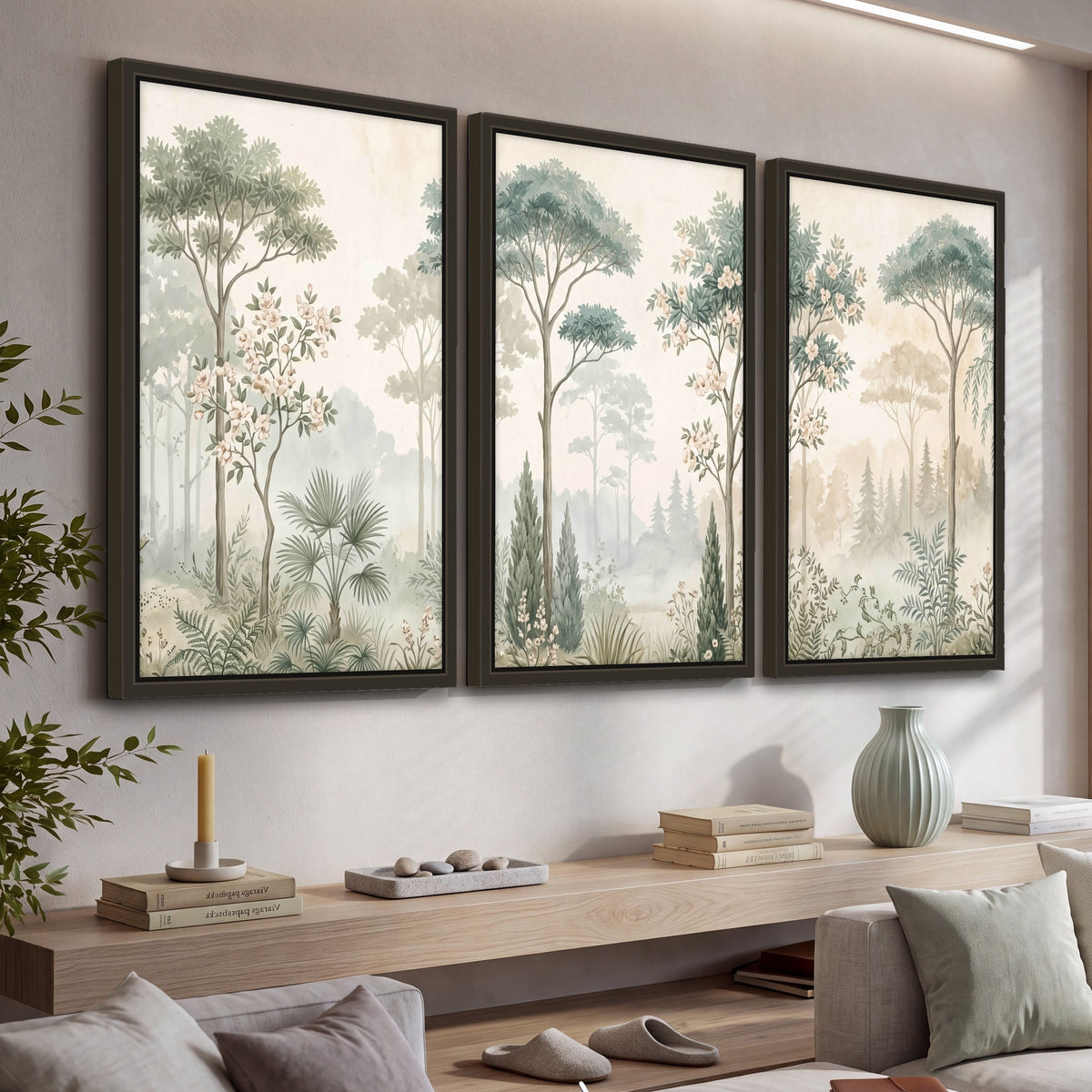 Vintage chinoiserie forest painting 3 piece framed canvas in a living room above a console