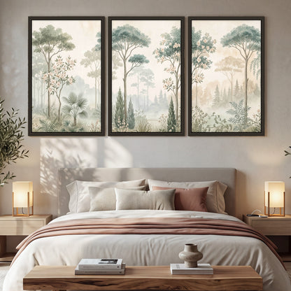 Vintage chinoiserie forest painting 3 piece framed canvas in a bedroom above the bed