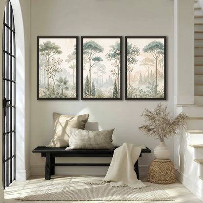 Vintage chinoiserie forest painting 3 piece framed canvas in an entryway above a bench