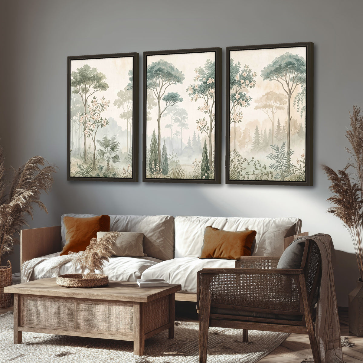 Vintage chinoiserie forest painting 3 piece framed canvas in a rustic living room