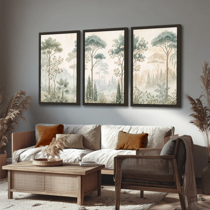 Vintage chinoiserie forest painting 3 piece framed canvas in a rustic living room