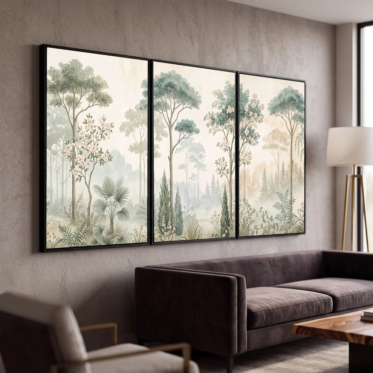 Vintage chinoiserie forest painting 3 piece framed canvas in a modern living room