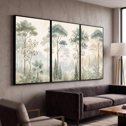 Vintage chinoiserie forest painting 3 piece framed canvas in a modern living room