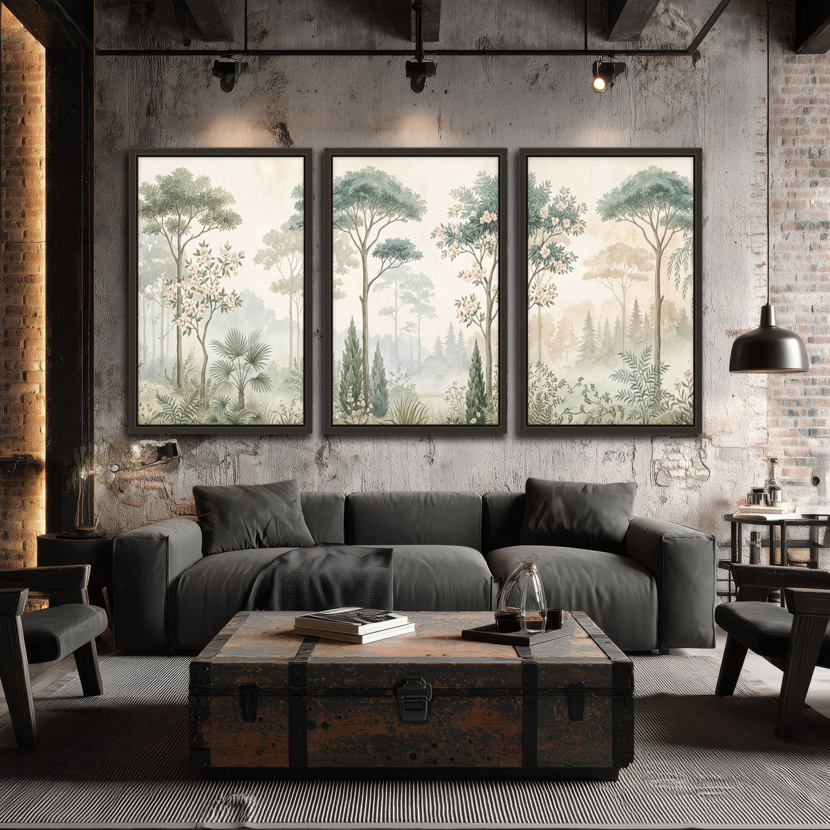Vintage chinoiserie forest painting 3 piece framed canvas in an industrial loft