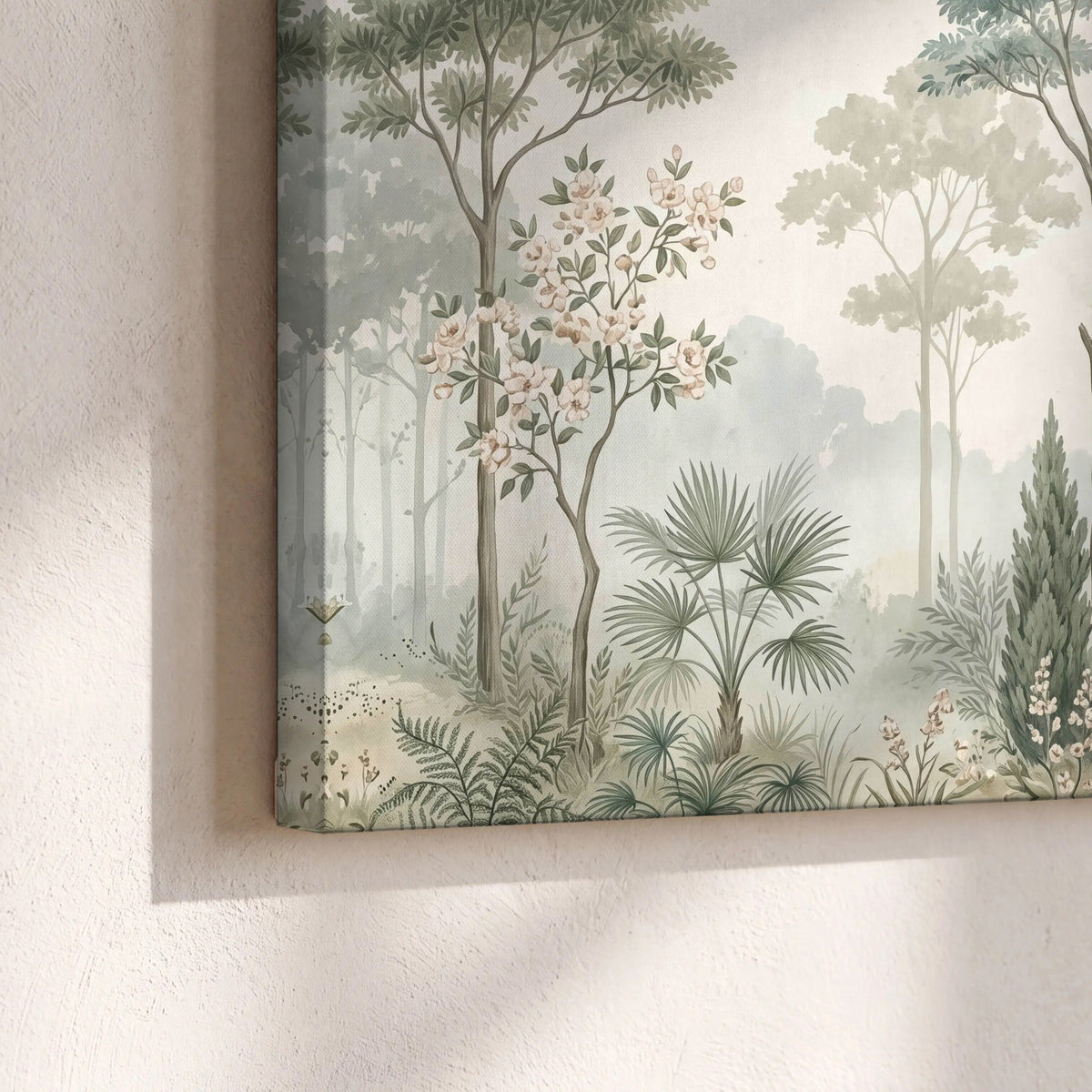 Vintage chinoiserie forest painting canvas print close-up showing the gallery-wrapped edge