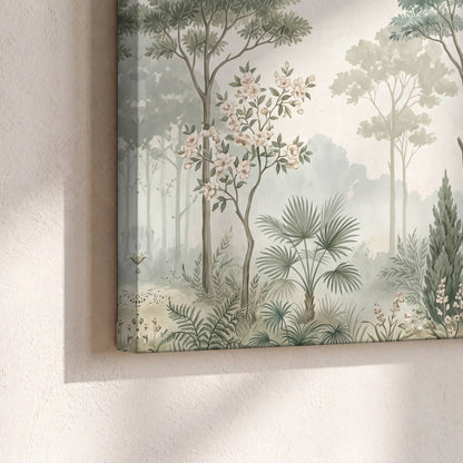 Vintage chinoiserie forest painting canvas print close-up showing the gallery-wrapped edge