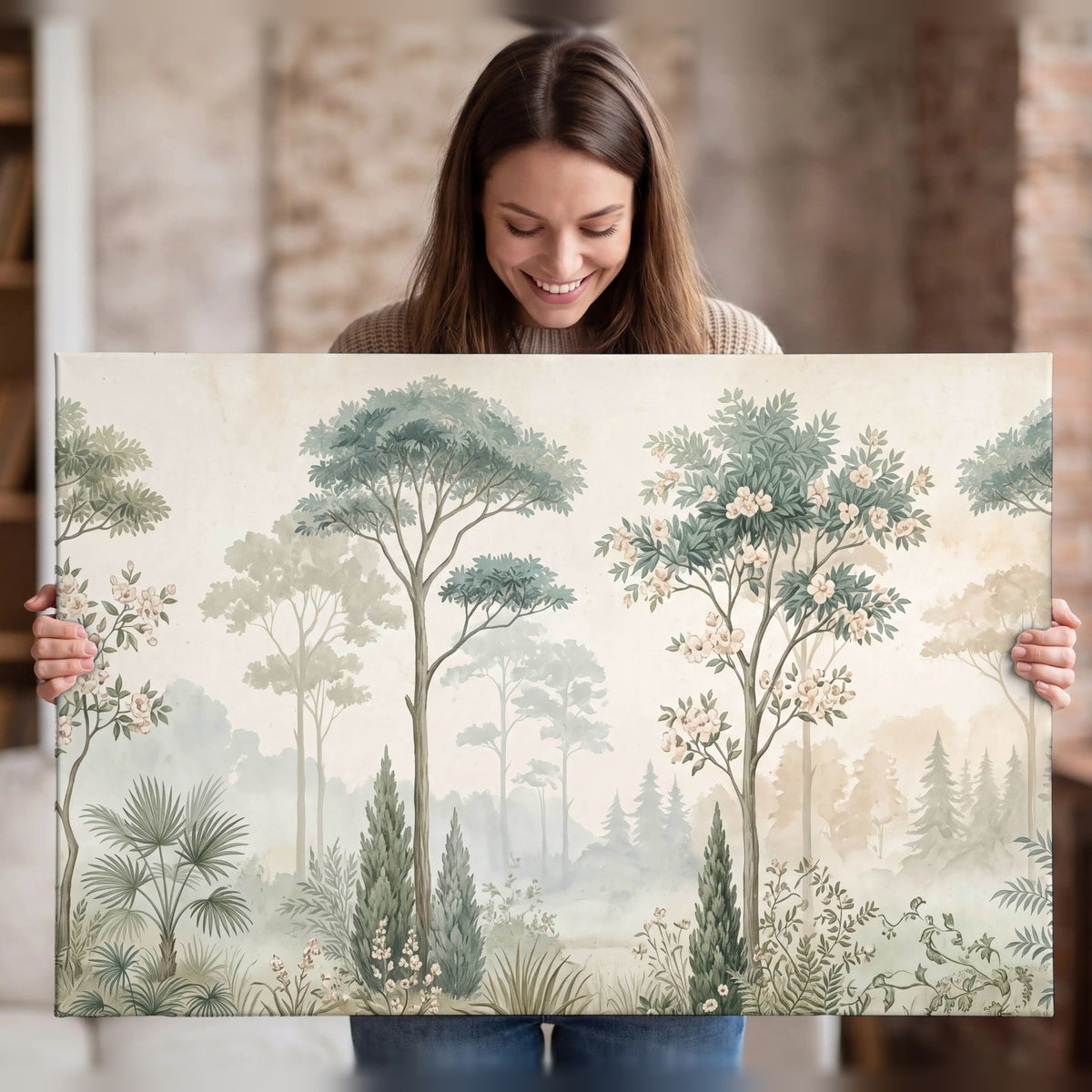 Vintage chinoiserie forest painting canvas wall art held in hands