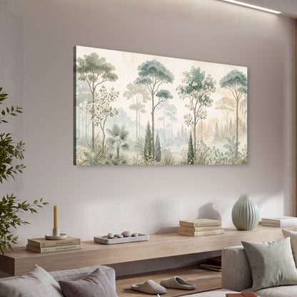 Vintage chinoiserie forest painting canvas wall art in a living room above a console