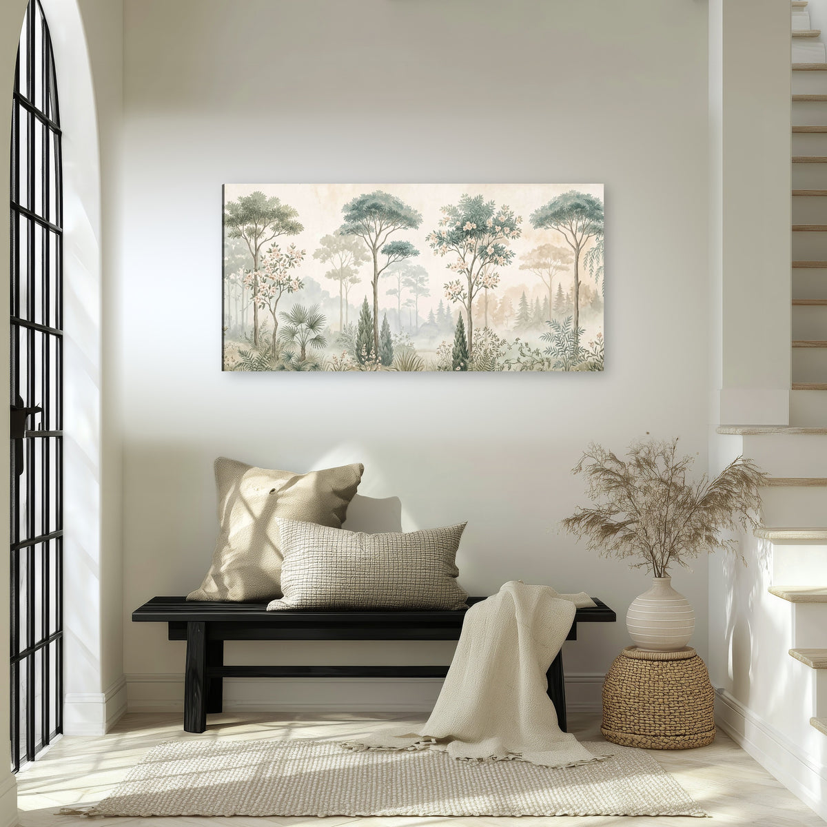 Vintage chinoiserie forest painting canvas wall art in an entryway above a bench